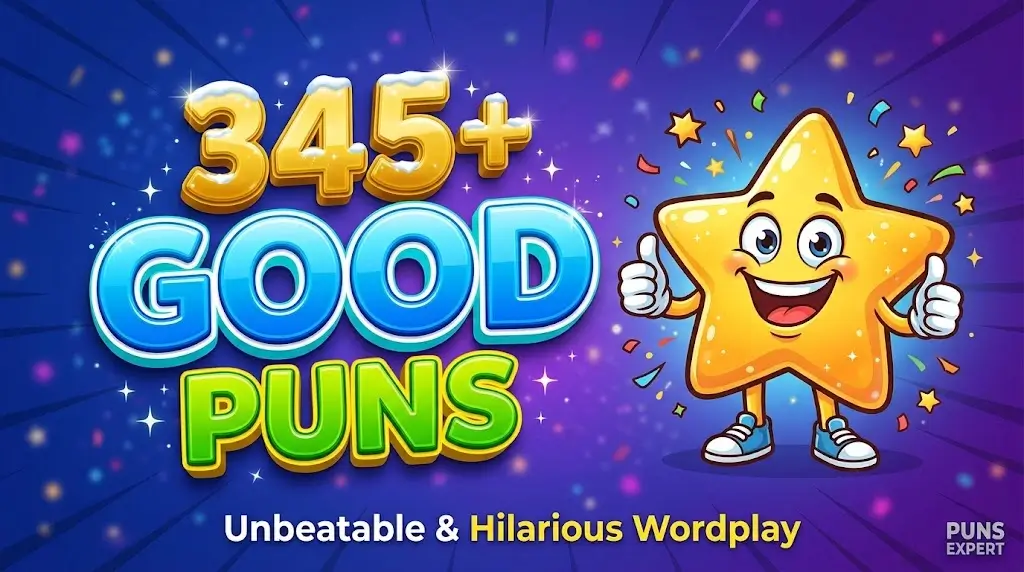 345+ Good Puns thumbnail featuring a joyful cartoon star mascot with double thumbs up next to colorful 3D text.