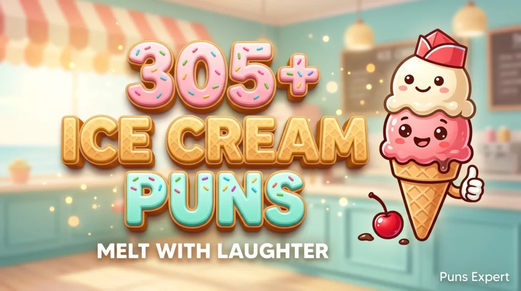 3D cover graphic displaying 305+ Ice Cream Puns in bold pink and waffle-gold typography with a cute cartoon ice cream cone mascot.