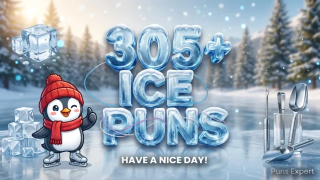 3D cover graphic displaying 305+ Ice Puns in crystal-clear glacial ice typography with a smiling cartoon penguin mascot in ice skates.