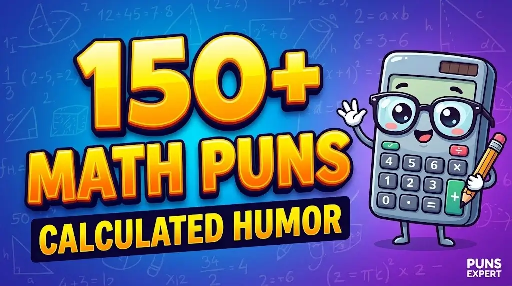 A vibrant 3D featured image with "150+ MATH PUNS" in bold yellow typography and a waving nerdy calculator mascot.