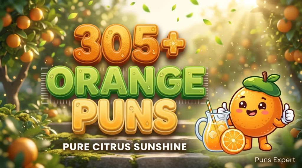 3D cover graphic displaying 305+ Orange Puns in glossy citrus peel typography with a smiling cartoon orange mascot in a sunlit grove.