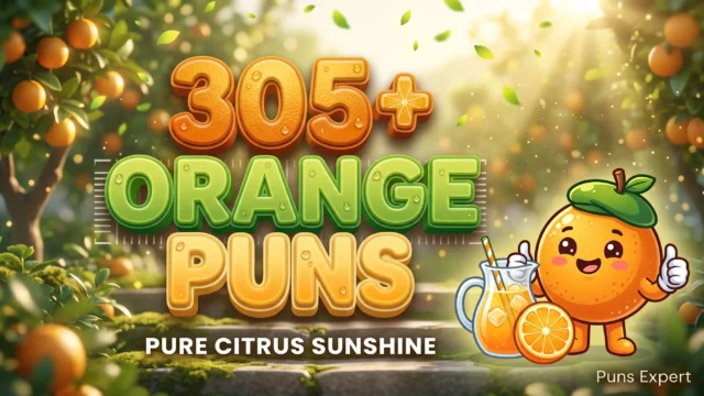 3D cover graphic displaying 305+ Orange Puns in glossy citrus peel typography with a smiling cartoon orange mascot in a sunlit grove.