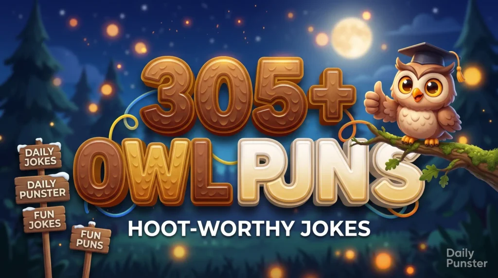 305+ owl puns in bold 3D typography beside a cheerful cartoon owl mascot in a mortarboard cap in a moonlit forest.