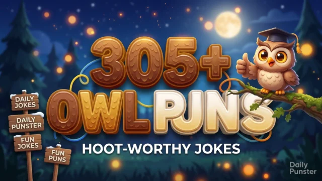 305+ owl puns in bold 3D typography beside a cheerful cartoon owl mascot in a mortarboard cap in a moonlit forest.