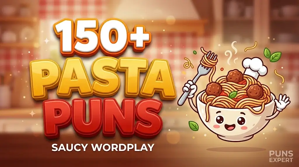 150+ Pasta Puns featured image featuring a cute spaghetti mascot bowl and bold 3D typography