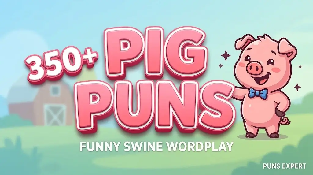 Featured image with large pink 3D text "PIG PUNS", a mascot pig in a bow tie, and "350+" wordplay count.