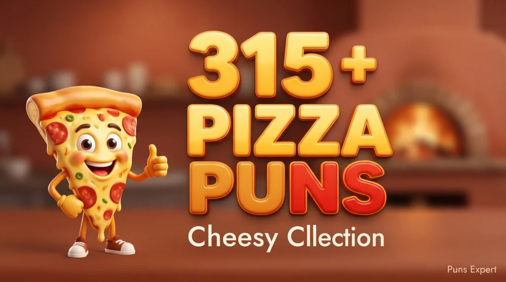 Bright 16:9 featured thumbnail with 3D text reading 315+ Pizza Puns alongside a cheerful cartoon pizza slice mascot.