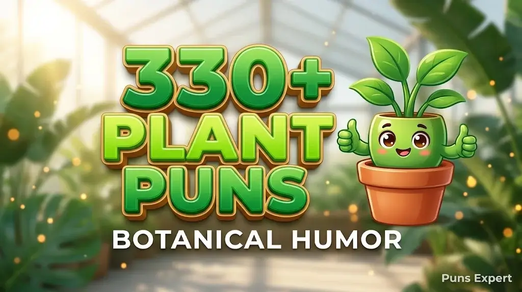 3D cover graphic displaying 330+ Plant Puns in bold green typography with a cute potted plant mascot.