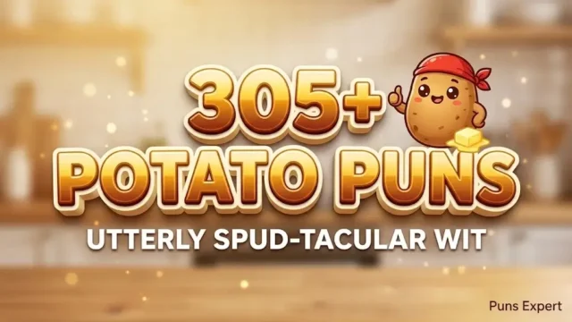 3D cover graphic displaying 305+ Potato Puns in bold golden-amber typography with a cute cartoon potato mascot.