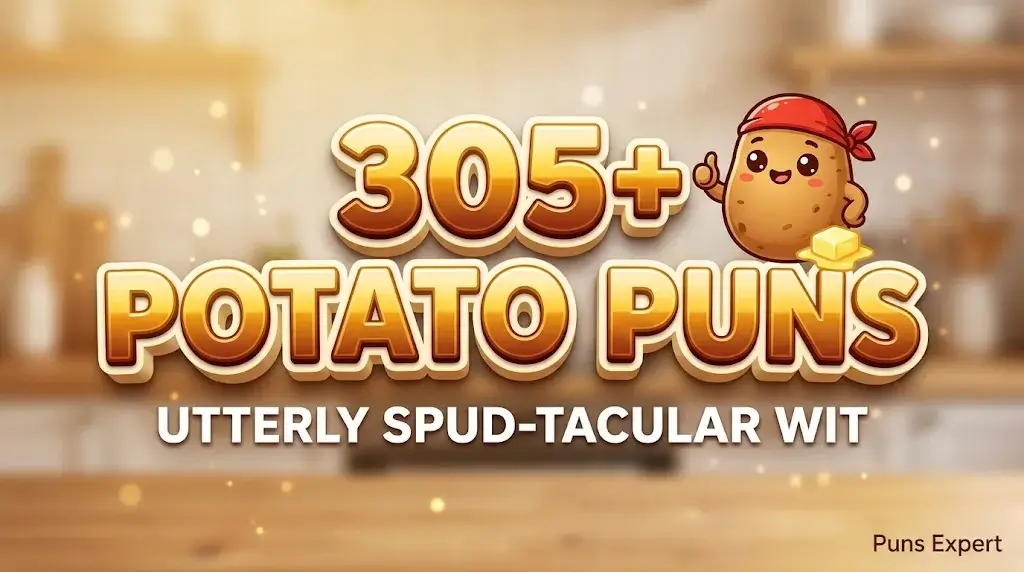 3D cover graphic displaying 305+ Potato Puns in bold golden-amber typography with a cute cartoon potato mascot.