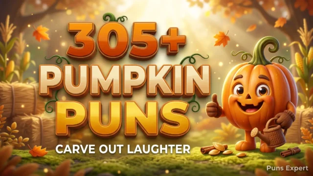 3D cover graphic displaying 305+ Pumpkin Puns in bold orange and gold typography with a cute cartoon pumpkin mascot.