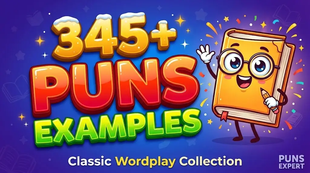 345+ Puns Examples thumbnail featuring a friendly cartoon book mascot with glasses next to bright 3D text.