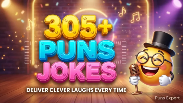 3D cover graphic displaying 305+ Puns Jokes in colorful glossy typography with a laughing smiley mascot on a warm comedy stage.