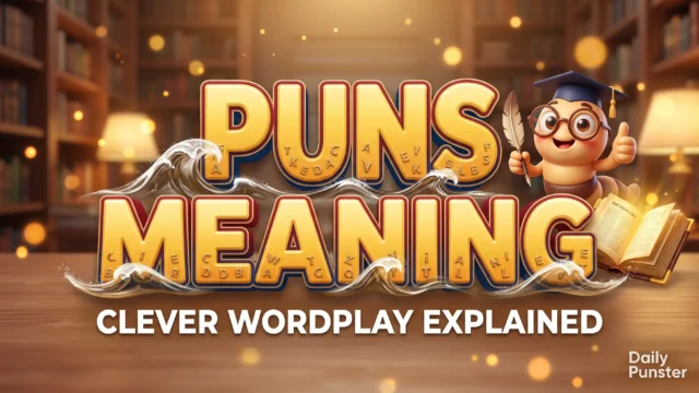 Puns meaning explained in bold 3D typography beside a friendly cartoon bookworm mascot in a cozy library.
