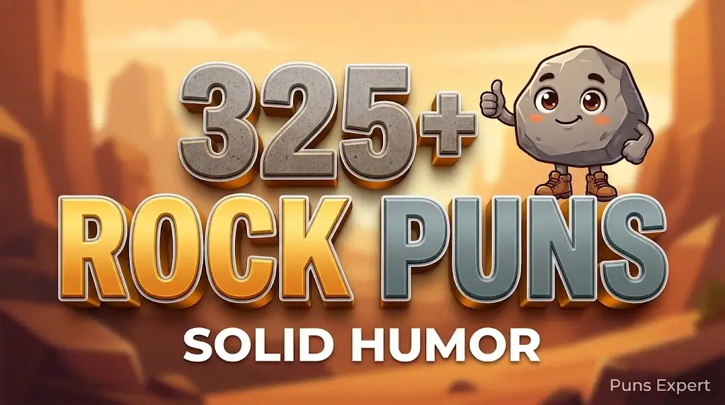 3D cover graphic displaying 325+ Rock Puns in bold stone typography with a smiling cartoon rock mascot.