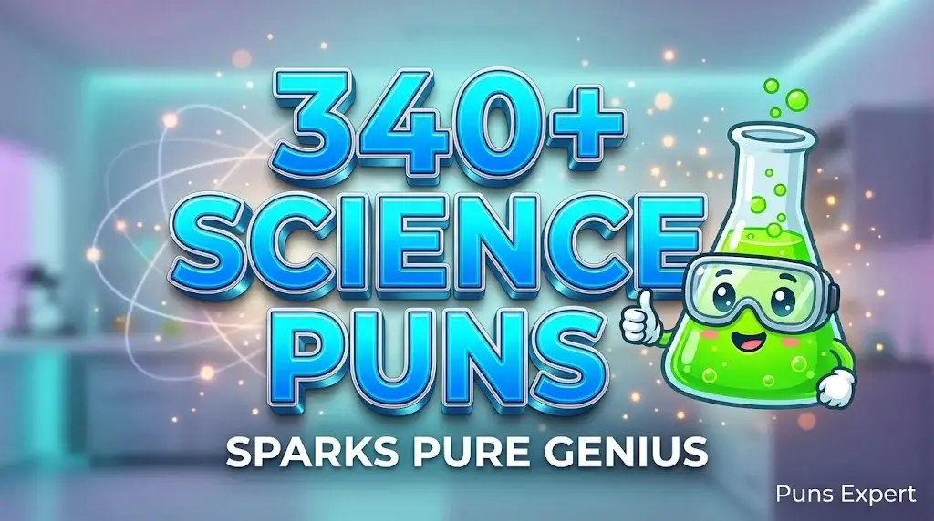 3D cover graphic displaying 340+ Science Puns in bold neon typography with a cute cartoon beaker mascot.