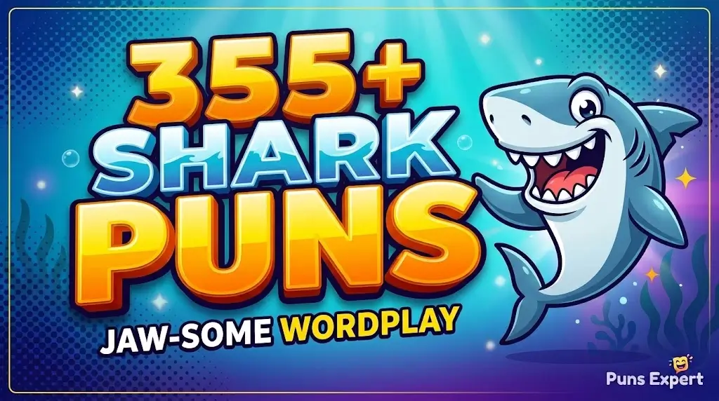 "355+ SHARK PUNS" in bold 3D letters next to a cheerful laughing cartoon shark on an underwater background.