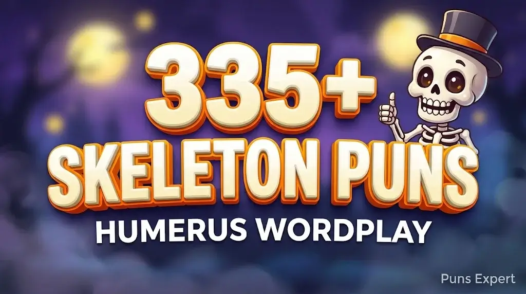 3D cover graphic displaying 335+ Skeleton Puns in bold ivory typography with a cheerful cartoon skeleton mascot.