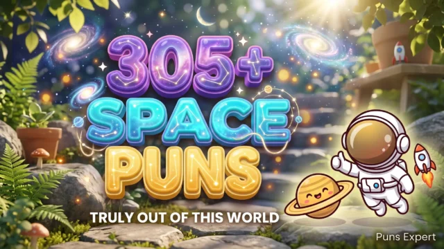 3D cover graphic displaying 305+ Space Puns in bold cosmic purple and neon cyan typography with an adorable cartoon astronaut mascot.