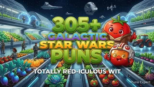 3D cover graphic displaying 305+ Star Wars Puns in bold glowing blue typography with a cute cartoon droid mascot.