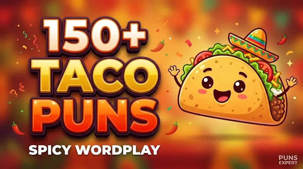 150+ Taco Puns featured image featuring a cute cartoon taco mascot and bold 3D typography