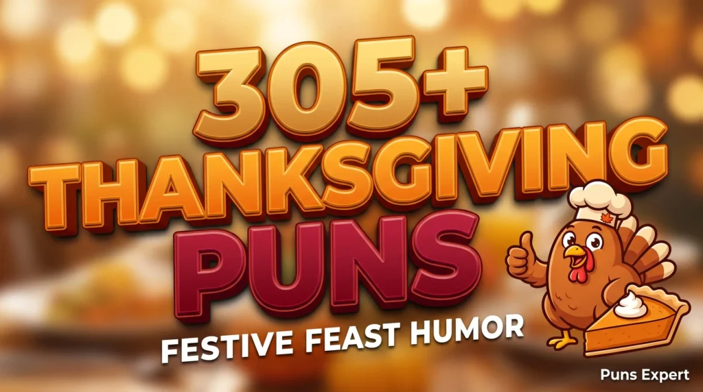 3D cover graphic displaying 305+ Thanksgiving Puns in bold harvest orange typography with a cute cartoon turkey mascot.