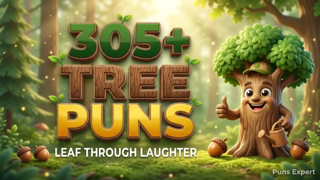3D cover graphic displaying 305+ Tree Puns in bold forest green and bark brown typography with a cute cartoon tree mascot.