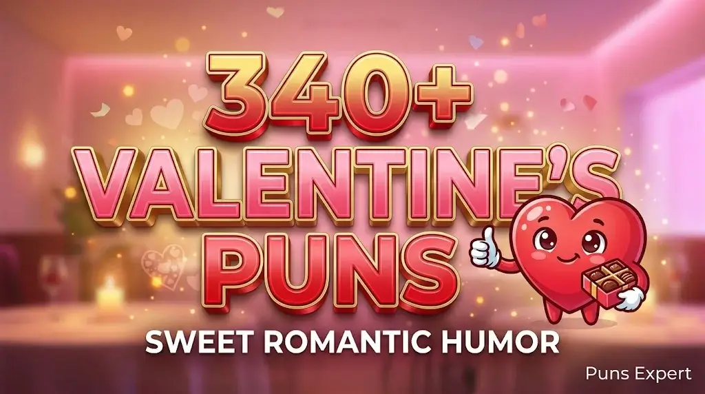 3D cover graphic displaying 340+ Valentine's Puns in bold red and pink typography with a cute cartoon heart mascot.