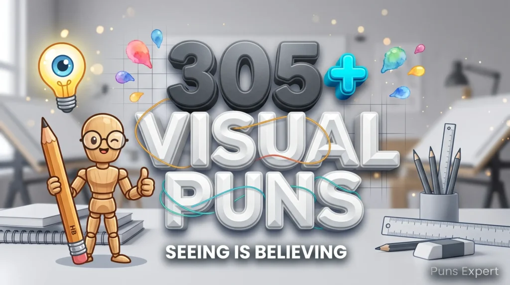 3D cover graphic displaying 305+ Visual Puns in modern geometric typography with an illustrated artist mannequin mascot and a glowing lightbulb eye.
