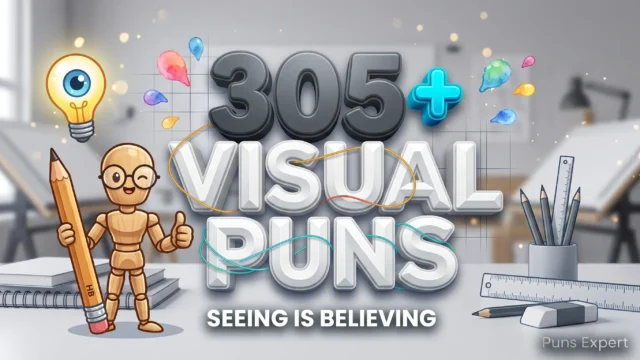3D cover graphic displaying 305+ Visual Puns in modern geometric typography with an illustrated artist mannequin mascot and a glowing lightbulb eye.