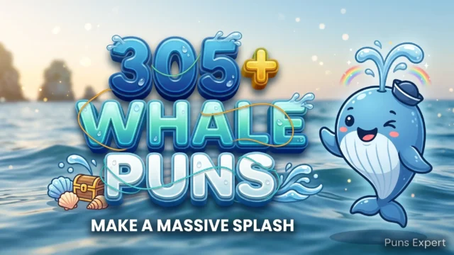 3D cover graphic displaying 305+ Whale Puns in glossy ocean-blue typography with a smiling cartoon whale mascot wearing a sailor cap.