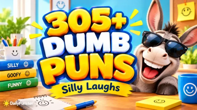 305+ Dumb Puns featuring a goofy pineapple mascot wearing sunglasses and bold 3D lettering