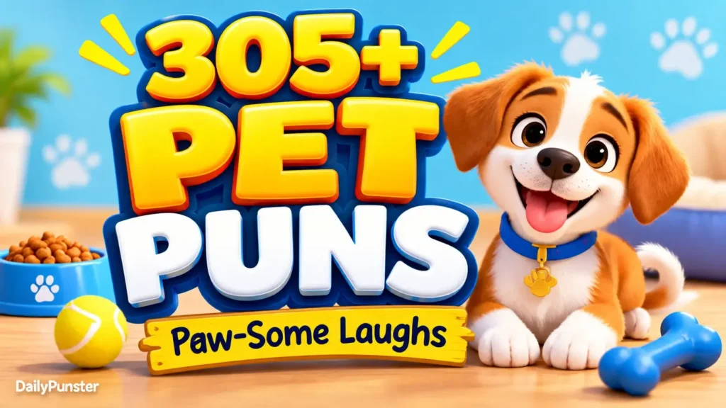 305+ Pet Puns featured with a cheerful puppy and playful 3D typography