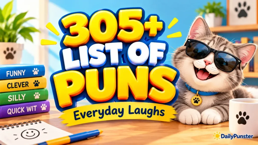 305+ List of Puns in bold 3D lettering with a cheerful cartoon cat and DailyPunster branding