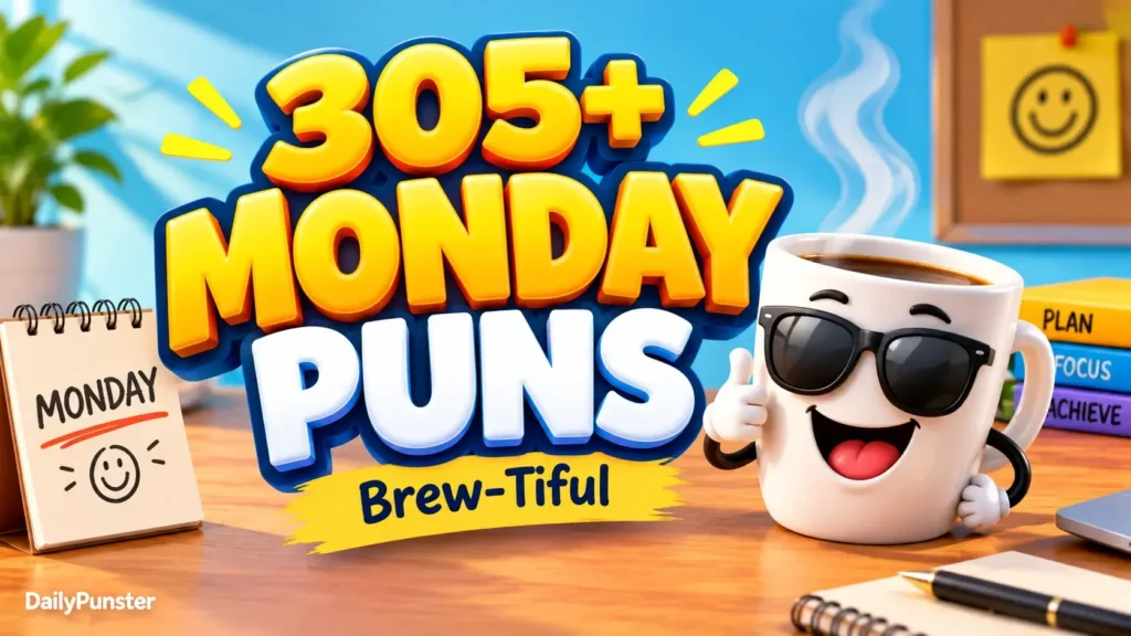 305+ Monday Puns with a cheerful coffee mug mascot