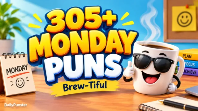 305+ Monday Puns with a cheerful coffee mug mascot