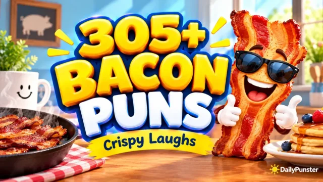 305+ Bacon Puns featuring a smiling bacon mascot wearing sunglasses beside bold 3D lettering.