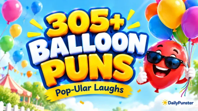 305+ Balloon Puns featuring a cheerful red balloon mascot wearing sunglasses and colorful 3D lettering.