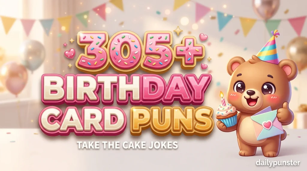 305+ birthday card puns in bold 3D frosting-pink and cream typography beside a cheerful cartoon party bear cub mascot holding a cupcake and card.