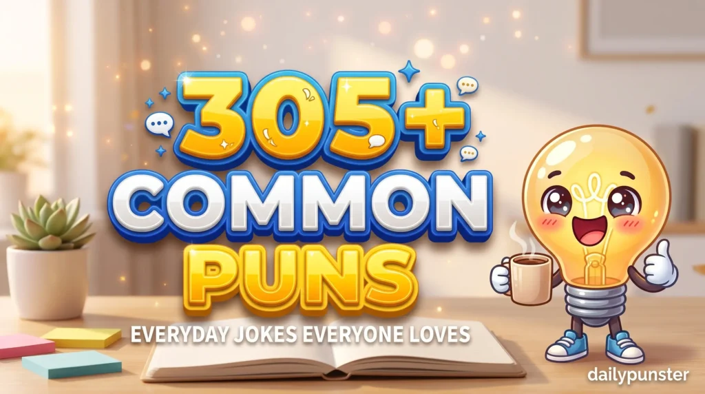 305+ common puns in bold 3D sunshine-yellow and royal blue typography beside a cheerful cartoon lightbulb mascot holding a coffee mug.