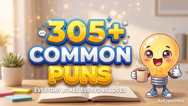 305+ common puns in bold 3D sunshine-yellow and royal blue typography beside a cheerful cartoon lightbulb mascot holding a coffee mug.