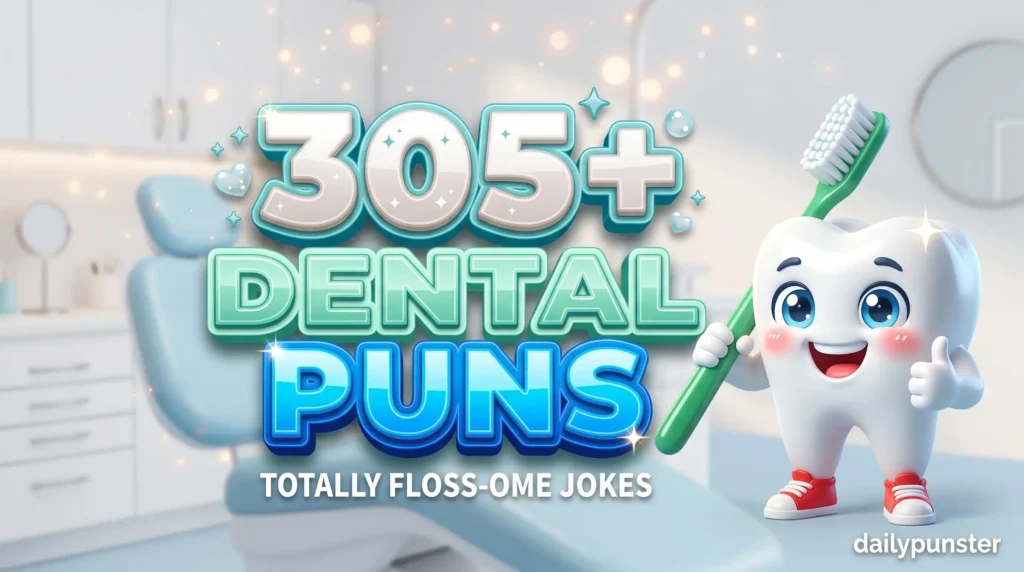 305+ dental puns in bold 3D enamel-white and mint-teal typography beside a cheerful cartoon tooth mascot holding a toothbrush.