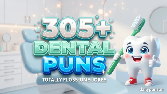 305+ dental puns in bold 3D enamel-white and mint-teal typography beside a cheerful cartoon tooth mascot holding a toothbrush.