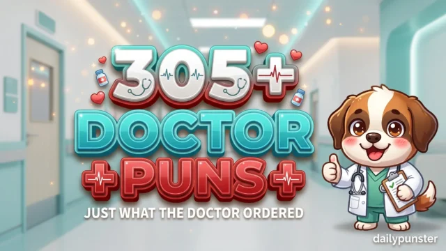 305+ doctor puns in bold 3D white and surgical-teal typography beside a cheerful cartoon St. Bernard puppy doctor mascot holding a clipboard.