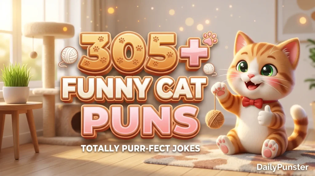 305+ funny cat puns in bold 3D orange and cream typography beside a cheerful cartoon ginger kitten mascot wearing a red bowtie.