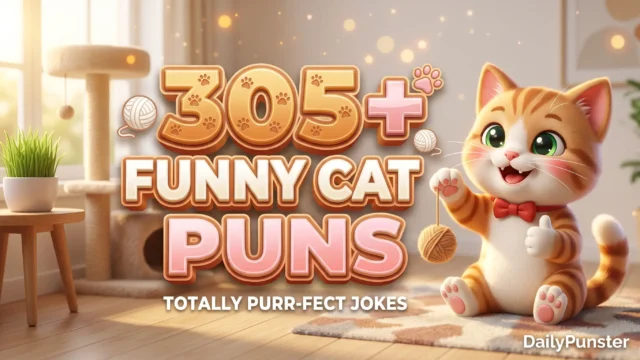305+ funny cat puns in bold 3D orange and cream typography beside a cheerful cartoon ginger kitten mascot wearing a red bowtie.