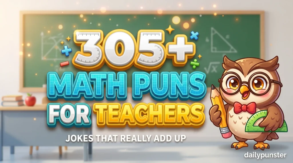 305+ math puns for teachers in bold 3D white and cyan typography beside a cheerful cartoon owl teacher mascot holding a pencil and protractor.