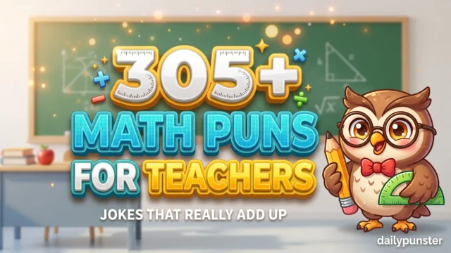 305+ math puns for teachers in bold 3D white and cyan typography beside a cheerful cartoon owl teacher mascot holding a pencil and protractor.