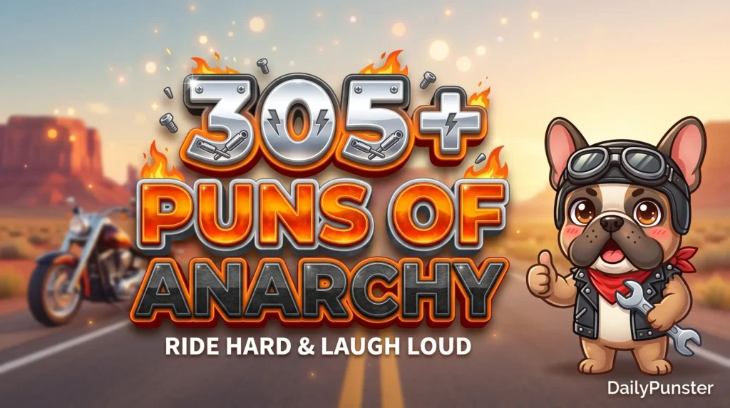 305+ puns of anarchy in bold 3D chrome and molten orange typography beside a cheerful cartoon French bulldog biker mascot wearing a leather vest.