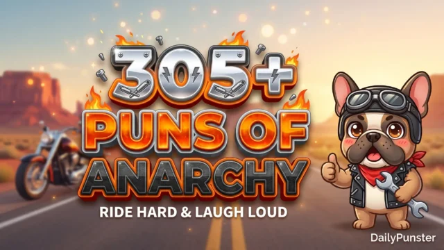305+ puns of anarchy in bold 3D chrome and molten orange typography beside a cheerful cartoon French bulldog biker mascot wearing a leather vest.